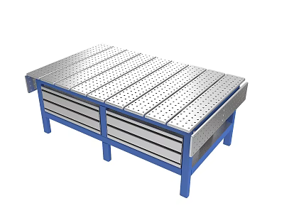 Metal Workshop Workbench With Blue Legs Multiple Drawers And Perforated Surface 3d model