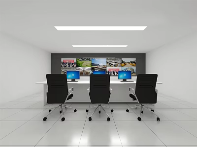 Monitoring Room Interior With Large Screen Multiple Surveillance Feeds Computer Monitors And Office Chairs 3d model