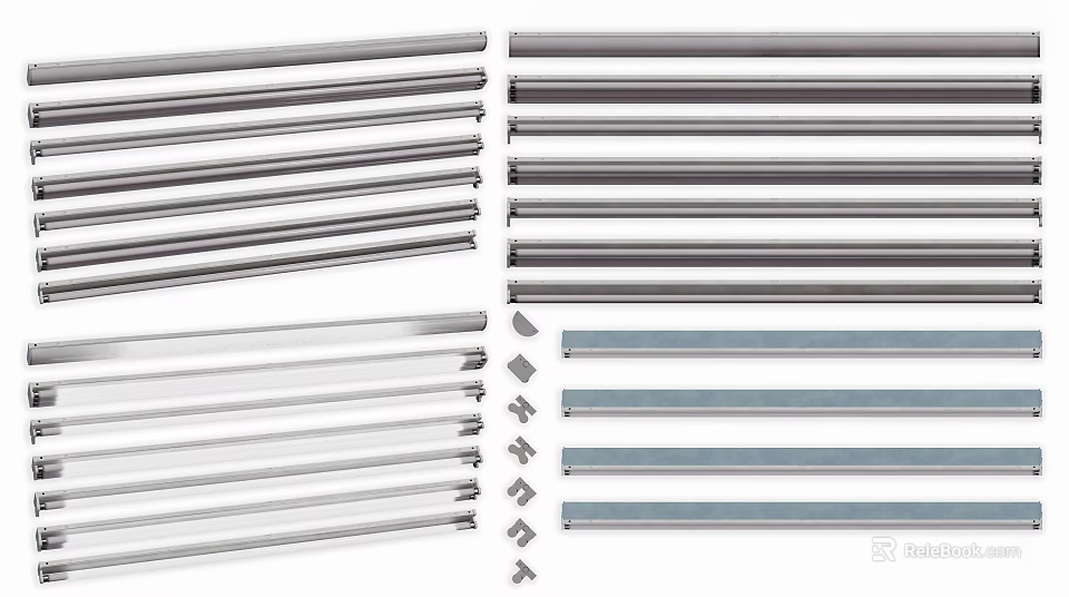 Neatly Arranged Lighting Fixture Set With Various Length Metal Strips And Silver Gray Connectors 3d model 