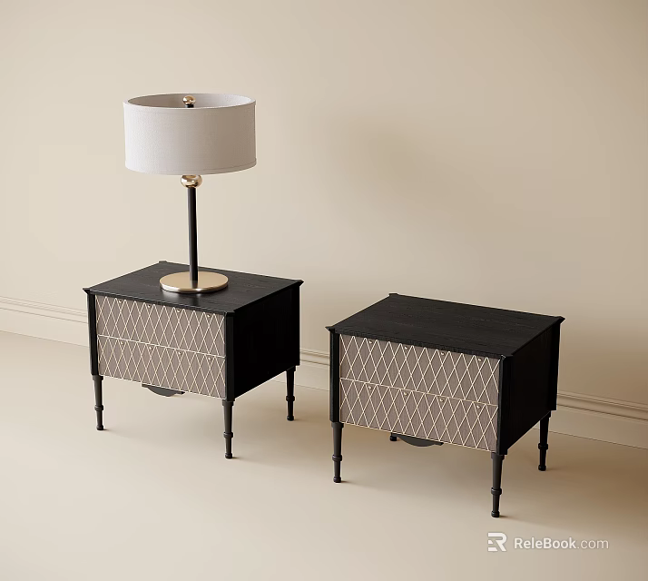 Two Modern Bedside Tables Featuring Table Lamp White Shade Gold Base Geometric Pattern Black Legs 3d model