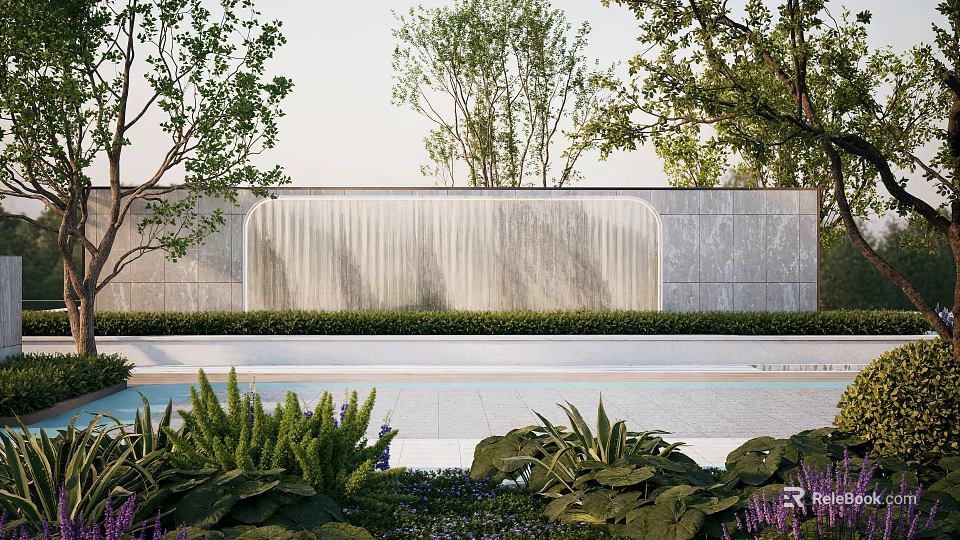 Modern Landscape Waterfall Wall With Natural Stone Design And Green Plants Near Pool 3d model 