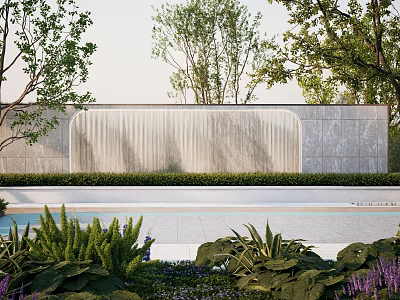 Modern Landscape Waterfall Wall With Natural Stone Design And Green Plants Near Pool 3d model