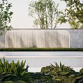 Modern Landscape Waterfall Wall With Natural Stone Design And Green Plants Near Pool