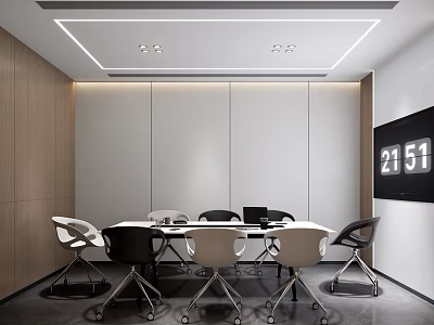 Modern Conference Room Interior With Long Table Ergonomic Chairs Digital Screen And Ceiling Lighting 3d model
