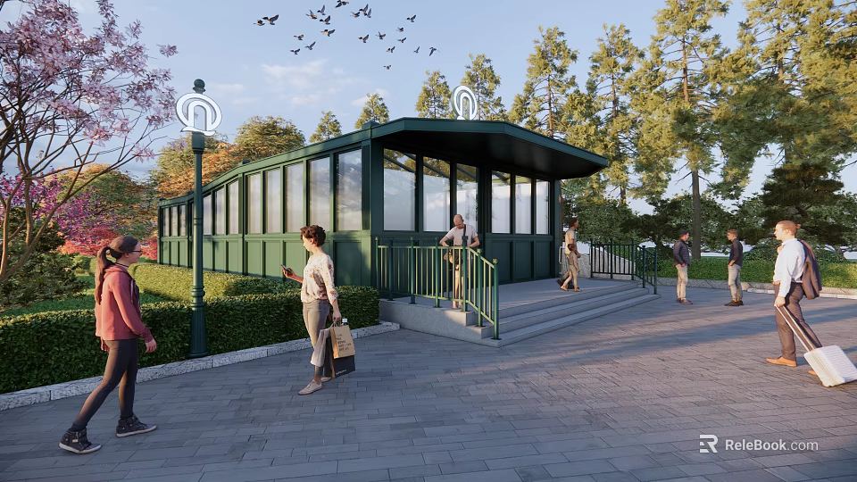 Modern Green Station Building with Glass Walls Surrounded by Trees Pedestrians Lamp Posts and Birds 3d model 