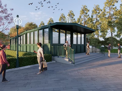 Modern Green Station Building with Glass Walls Surrounded by Trees Pedestrians Lamp Posts and Birds 3d model