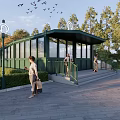 Modern Green Station Building with Glass Walls Surrounded by Trees Pedestrians Lamp Posts and Birds