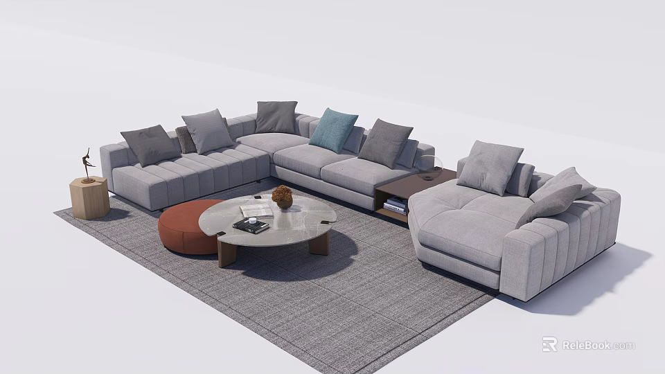 Modern L-shaped Sofa With Multiple Pillows And Round Coffee Table Set On Gray Rug 3d model