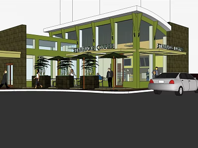 Italian Bistro Building Exterior With Green Frame Glass Windows Plants And White Car 3d model