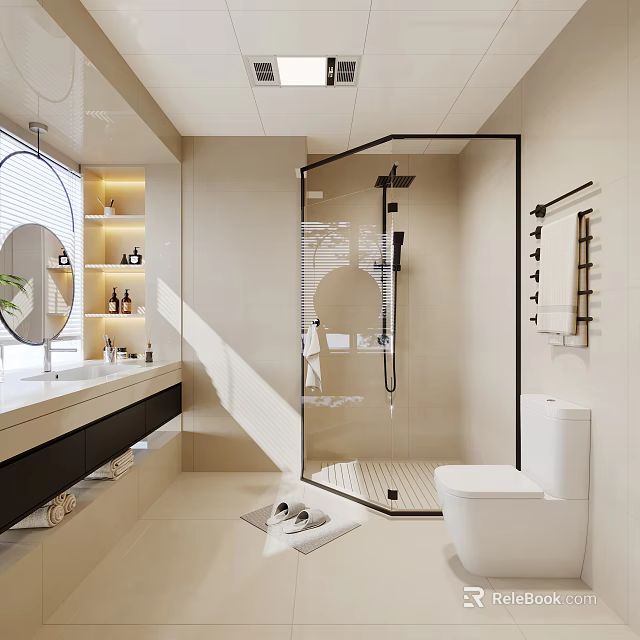 Modern Bathroom Interior Design With Glass Shower Toilet Vanity And Lighting 3d model 