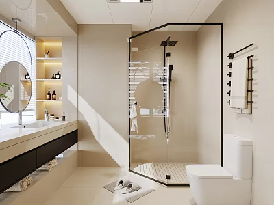 Modern Bathroom Interior Design With Glass Shower Toilet Vanity And Lighting 3d model