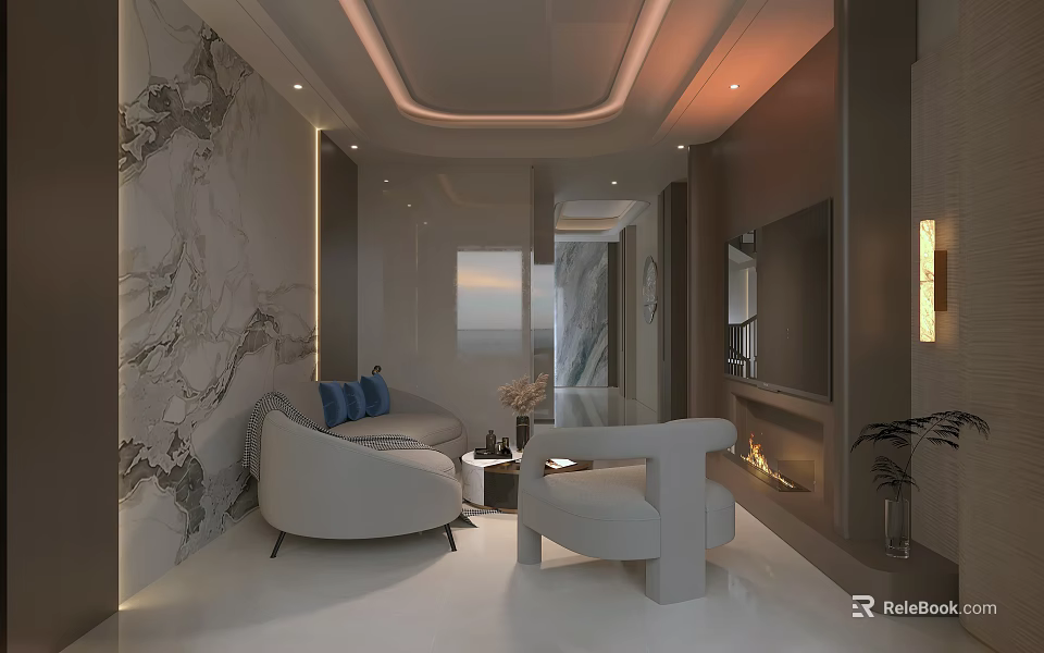 Modern Leisure Room Interior With Marble Walls White Sofa Blue Cushions And White Armchair 3d model 