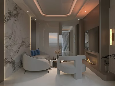 Modern Leisure Room Interior With Marble Walls White Sofa Blue Cushions And White Armchair 3d model