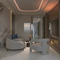 Modern Leisure Room Interior With Marble Walls White Sofa Blue Cushions And White Armchair