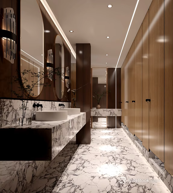 Modern Public Restroom Interior With Marble Countertops Wooden Partitions Mirrors And Washbasins 3d model 