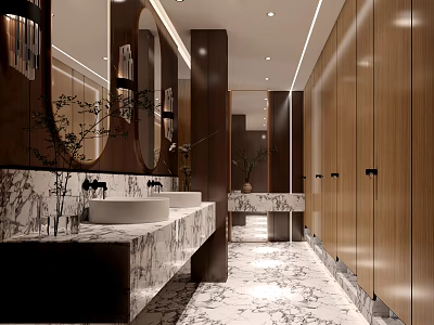 Modern Public Restroom Interior With Marble Countertops Wooden Partitions Mirrors And Washbasins 3d model