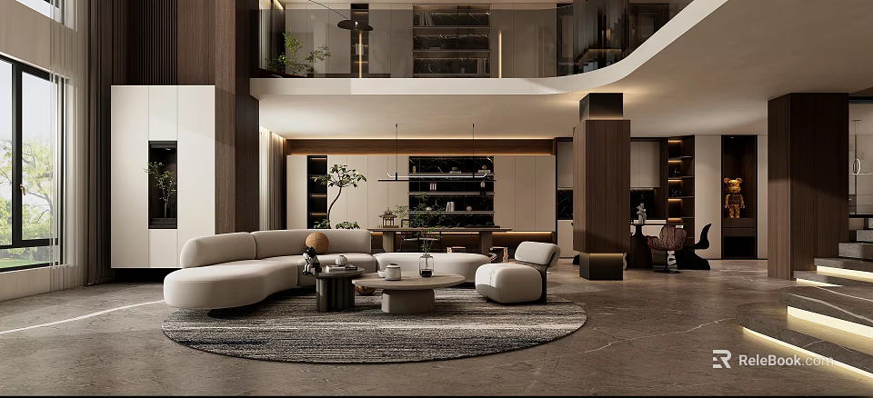 Loft Style Living Room With Curved Sofa Round Rug And Plants 3d model 