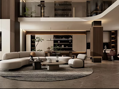 Loft Style Living Room With Curved Sofa Round Rug And Plants 3d model