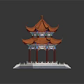 Traditional Chinese Two Story Pavilion With Orange Curved Roof Red Pillars And White Base