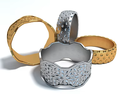 Gold And Silver Jewelry Rings With Intricate Filigree Dotted Decorative Patterns 3d model