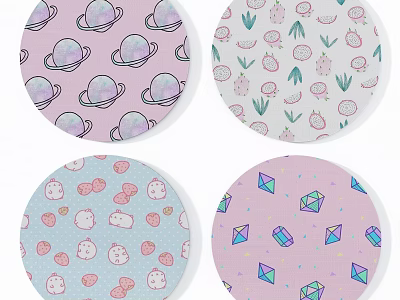 Colorful Round Carpets with Planets Floral Rabbits and Diamond Patterns 3d model