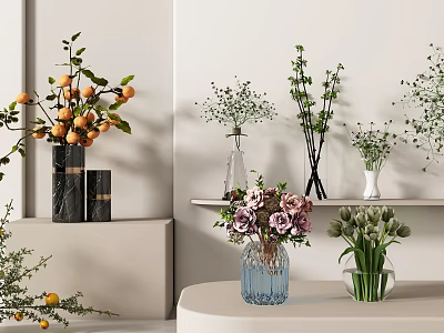 Modern Vases with Colorful Flowers Green Leaves and Orange Fruits in Home Decor 3d model