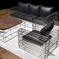 Black Leather Sofa Armchair and Coffee Table Set with Metal Wire Frame Wooden Oval Top