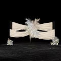 Elegant Floral Installation With Beige Pleated Fabric And Light Colored Flowers Feather Accents