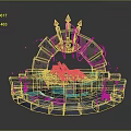 Fantasy Circular Stone Platform With Archway Golden Eye Symbol Arrows Water And Blue Glowing Particles
