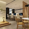 Modern Public Office Space With Open Layout Green Plants Round Lighting And Wooden Partition