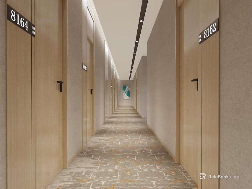 Hotel Corridor With Room Numbers Carpeted Floor And Ceiling Light Strips 3d model 