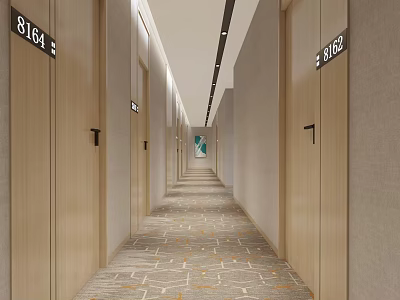 Hotel Corridor With Room Numbers Carpeted Floor And Ceiling Light Strips 3d model
