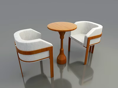 Casual Sofa Set Featuring Two White Armchairs with Wooden Frame and Round Table 3d model
