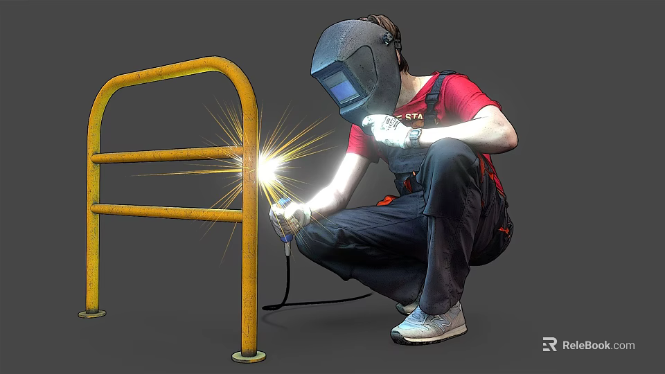Man Welding Yellow Metal Railing With Sparks In Red Shirt And Helmet 3d model 