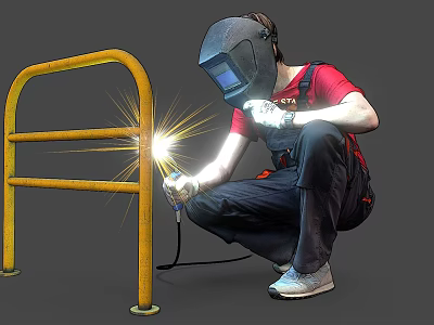 Man Welding Yellow Metal Railing With Sparks In Red Shirt And Helmet 3d model