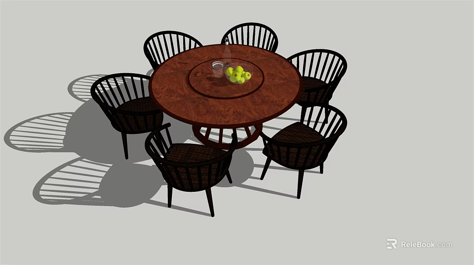 Round Wooden Dining Table Set with Six Chairs and Fruit on Top 3d model 