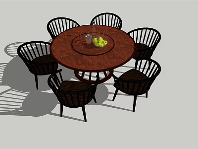 Round Wooden Dining Table Set with Six Chairs and Fruit on Top 3d model