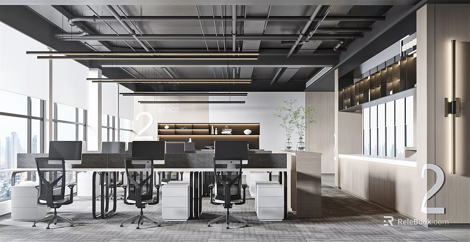 Minimalist Modern Public Office Space With Desks Ergonomic Chairs Shelves And Windows 3d model 