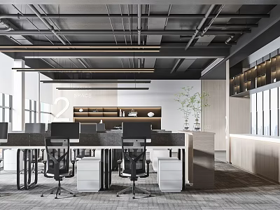 Minimalist Modern Public Office Space With Desks Ergonomic Chairs Shelves And Windows 3d model