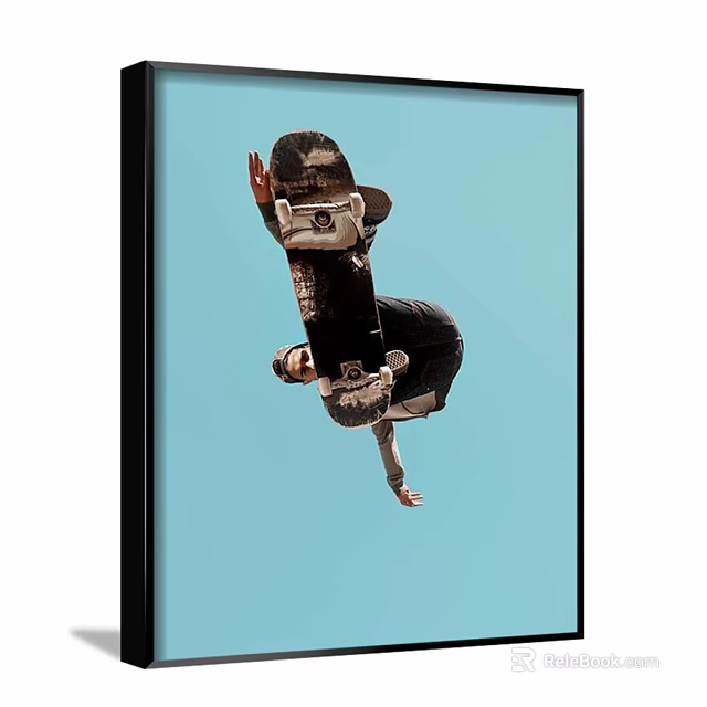 Framed Skateboarder Figure Painting Mid Air Trick Against Blue Sky Background 3d model 