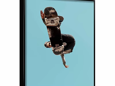 Framed Skateboarder Figure Painting Mid Air Trick Against Blue Sky Background 3d model