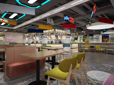Vibrant Restaurant Interior With Colorful Ceiling Signs Yellow Chairs And Patterned Floor 3d model