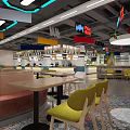 Vibrant Restaurant Interior With Colorful Ceiling Signs Yellow Chairs And Patterned Floor