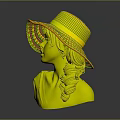 Female Character Wearing Straw Hat Black Braided Hair Blue Top With White Flowers Bust