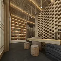 Elegant Hotel Lobby Interior With Wooden Paneling Hanging Lights Bookshelves And Sofa Seating