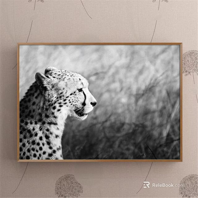 Black and White Cheetah Side Portrait Animal Painting With Grass Background Framed In Gold Border 3d model 