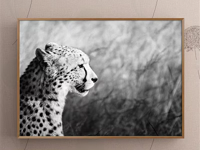 Black and White Cheetah Side Portrait Animal Painting With Grass Background Framed In Gold Border 3d model
