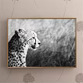 Black and White Cheetah Side Portrait Animal Painting With Grass Background Framed In Gold Border