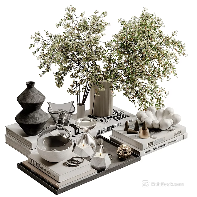 Decorative Ornament Set With Greenery Vases Stacked Books And Small Decorative Accents 3d model 