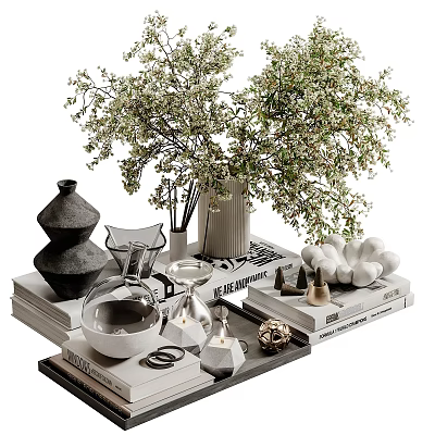 Decorative Ornament Set With Greenery Vases Stacked Books And Small Decorative Accents 3d model